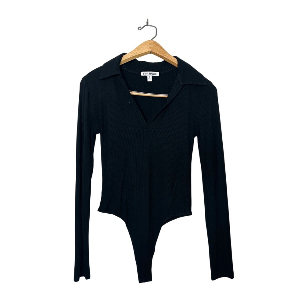 Steve Madden Womens Ribbed Knit Black Collar Long Sleeve Bodysuit Small S